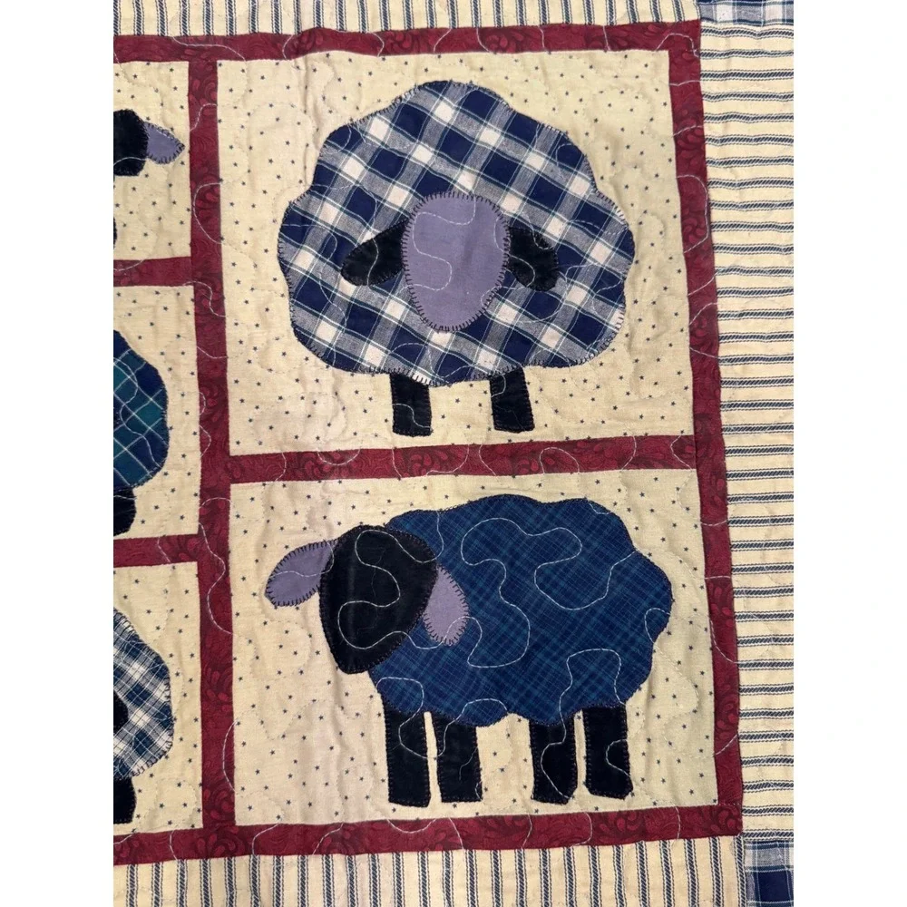 Handmade Primitive Country Sheep Quilted Wall Hanging Blue Plaid Farmhouse Decor